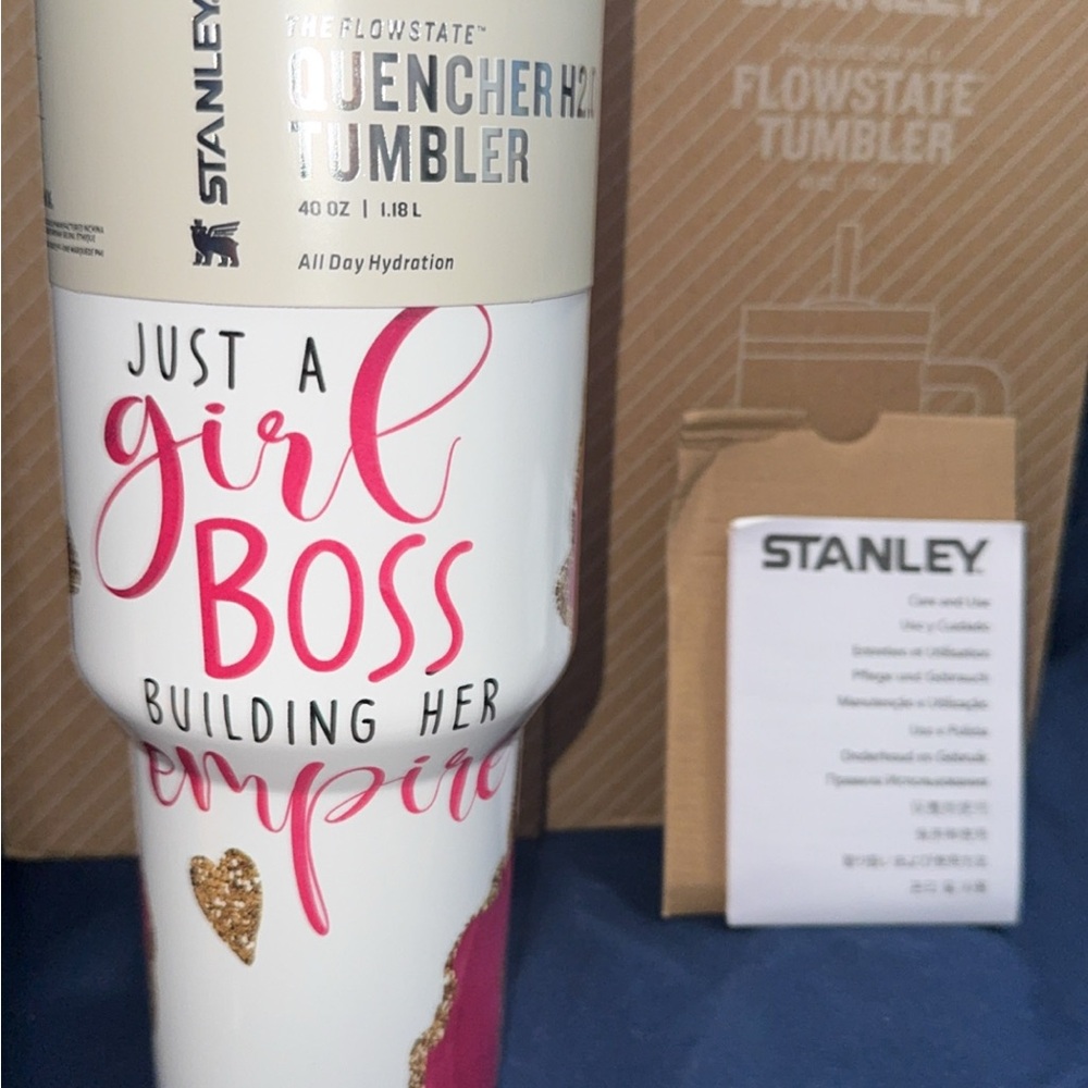 Stanley Quencher H2.0  40oz- Just A Girl Boss Building Her Empire White and Pink